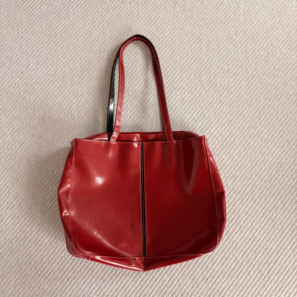 Red Vegan Leather Tote Bag with Double Straps